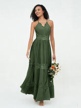 V-neck Chiffon and Lace Long Boho Dresses Olive Green