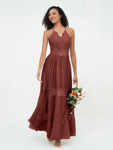 V-neck Chiffon and Lace Long Boho Dresses Terracotta