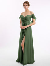 Chiffon Bridesmaid Gown with Slit and Cap Sleeves Olive Green