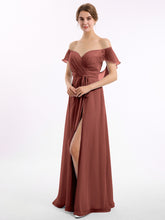 Chiffon Bridesmaid Gown with Slit and Cap Sleeves Terracotta