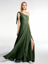 One Shoulder Chiffon Maxi Dress with Cascade Skirt Olive Green