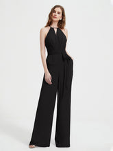 Halter Neckline Sleeveless Chiffon Pleated Jumpsuit Black