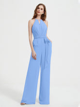 Halter Neckline Sleeveless Chiffon Pleated Jumpsuit Blue