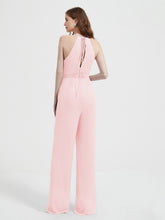 Halter Neckline Sleeveless Chiffon Pleated Jumpsuit Blushing Pink