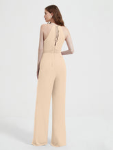 Halter Neckline Sleeveless Chiffon Pleated Jumpsuit Champagne