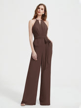 Halter Neckline Sleeveless Chiffon Pleated Jumpsuit Chocolate