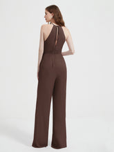 Halter Neckline Sleeveless Chiffon Pleated Jumpsuit Chocolate
