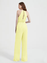 Halter Neckline Sleeveless Chiffon Pleated Jumpsuit Daffodil