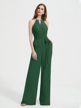 Halter Neckline Sleeveless Chiffon Pleated Jumpsuit Dark Green