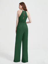 Halter Neckline Sleeveless Chiffon Pleated Jumpsuit Dark Green