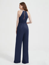 Halter Neckline Sleeveless Chiffon Pleated Jumpsuit Dark Navy