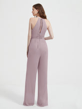 Halter Neckline Sleeveless Chiffon Pleated Jumpsuit Dusk