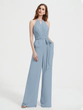 Halter Neckline Sleeveless Chiffon Pleated Jumpsuit Dusty Blue