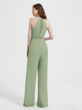 Halter Neckline Sleeveless Chiffon Pleated Jumpsuit Dusty Sage