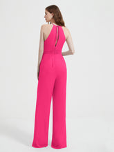 Halter Neckline Sleeveless Chiffon Pleated Jumpsuit Fuchsia