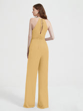 Halter Neckline Sleeveless Chiffon Pleated Jumpsuit Gold