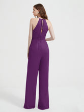 Halter Neckline Sleeveless Chiffon Pleated Jumpsuit Grape