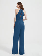 Halter Neckline Sleeveless Chiffon Pleated Jumpsuit Ink Blue