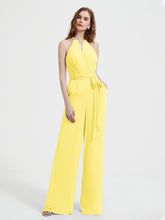 Halter Neckline Sleeveless Chiffon Pleated Jumpsuit Lemon