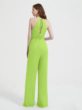 Halter Neckline Sleeveless Chiffon Pleated Jumpsuit Lime Green