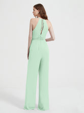 Halter Neckline Sleeveless Chiffon Pleated Jumpsuit Mint Green