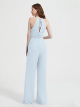 Halter Neckline Sleeveless Chiffon Pleated Jumpsuit Mist