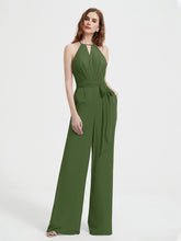 Halter Neckline Sleeveless Chiffon Pleated Jumpsuit Moss