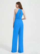 Halter Neckline Sleeveless Chiffon Pleated Jumpsuit Ocean Blue