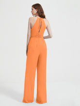 Halter Neckline Sleeveless Chiffon Pleated Jumpsuit Orange