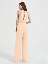 Halter Neckline Sleeveless Chiffon Pleated Jumpsuit Peach