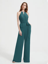 Halter Neckline Sleeveless Chiffon Pleated Jumpsuit Peacock