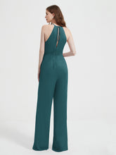 Halter Neckline Sleeveless Chiffon Pleated Jumpsuit Peacock