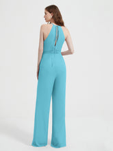 Halter Neckline Sleeveless Chiffon Pleated Jumpsuit Pool