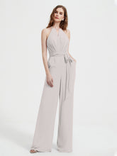 Halter Neckline Sleeveless Chiffon Pleated Jumpsuit Silver