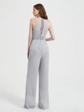 Halter Neckline Sleeveless Chiffon Pleated Jumpsuit Silver
