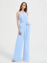 Halter Neckline Sleeveless Chiffon Pleated Jumpsuit Sky Blue