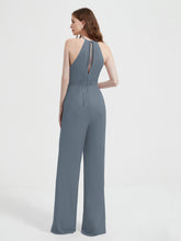 Halter Neckline Sleeveless Chiffon Pleated Jumpsuit Slate Blue