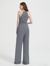 Halter Neckline Sleeveless Chiffon Pleated Jumpsuit Steel Grey