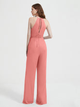 Halter Neckline Sleeveless Chiffon Pleated Jumpsuit Sunset