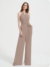 Halter Neckline Sleeveless Chiffon Pleated Jumpsuit Taupe