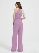 Halter Neckline Sleeveless Chiffon Pleated Jumpsuit Wisteria