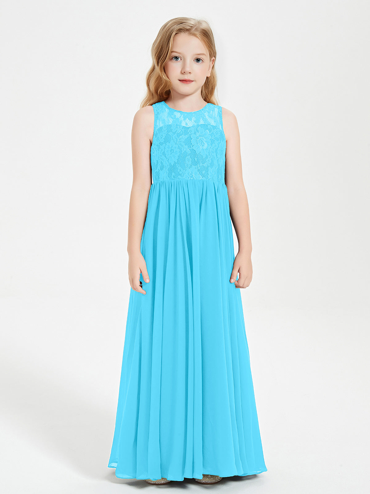 Lace Top Halter Neck Chiffon Long Junior Bridesmaid Dress Spa main image 0