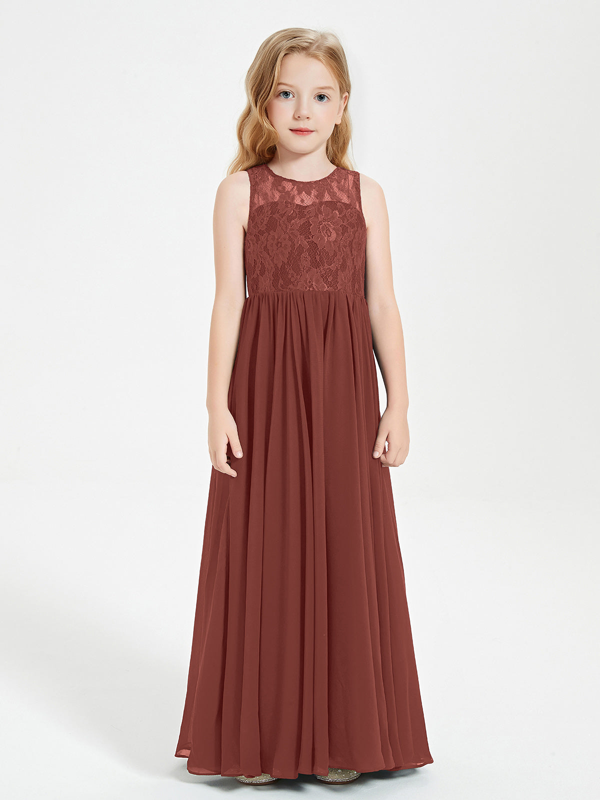 BABARONI Chiffon Terracotta Junior Bridesmaid Dresses A-line Illusion  Floor-length Sleeveless – BABARONI UK