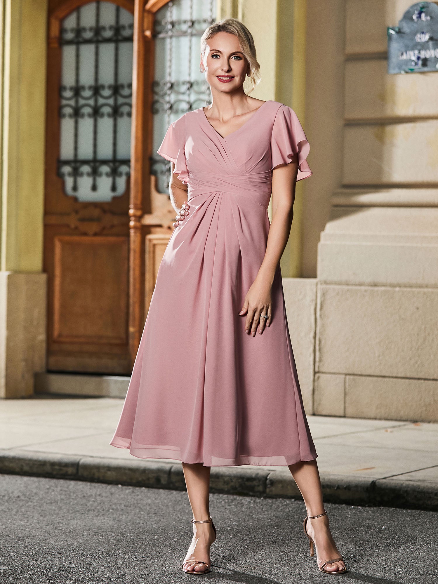 V-neck Pleated A-line Tea-length Chiffon Dress Lilac main image 1