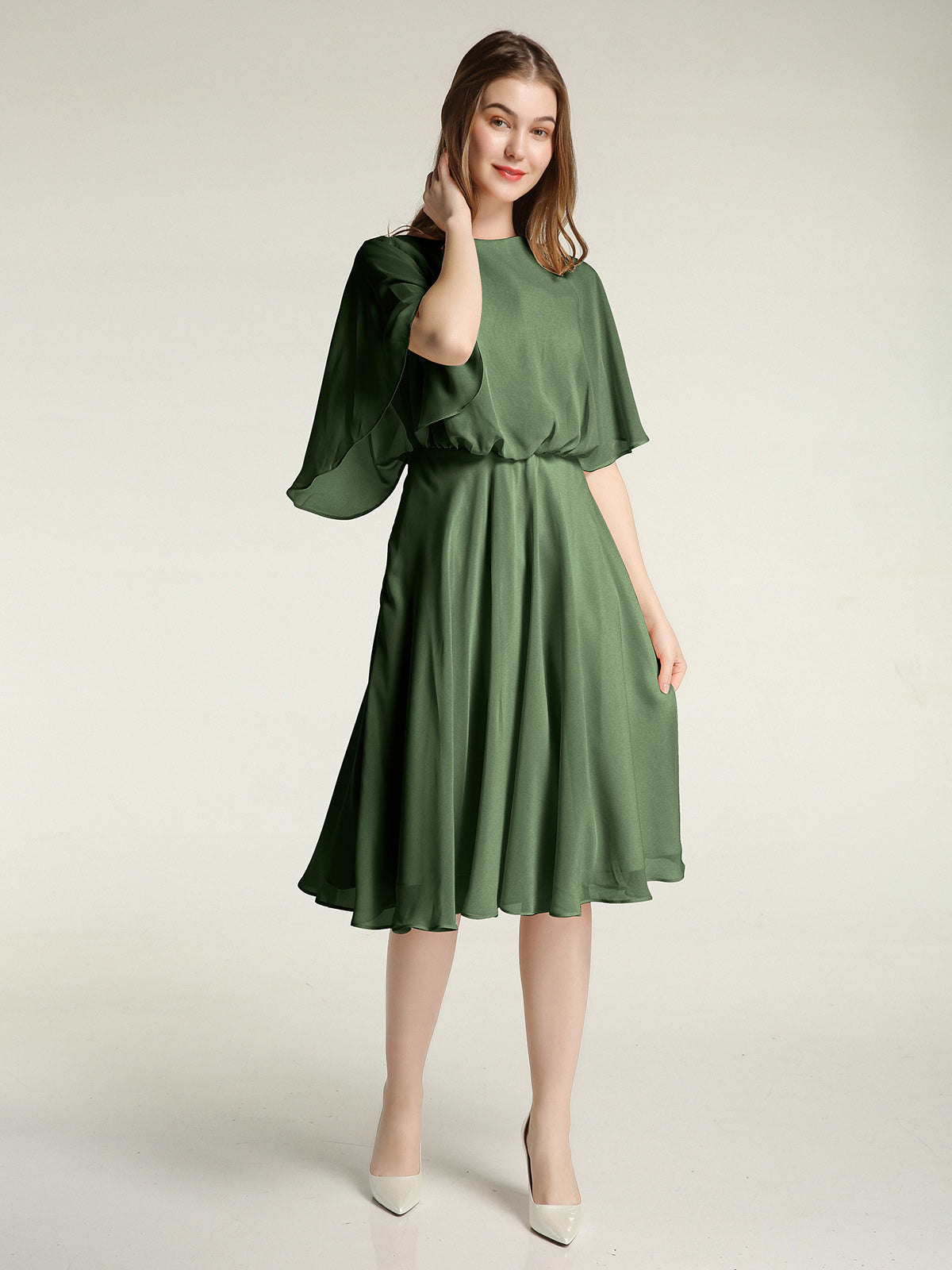 sage green dress for wedding near me Short Chiffon Bridesmaid Dress with Flutter Sleeves Olive Green