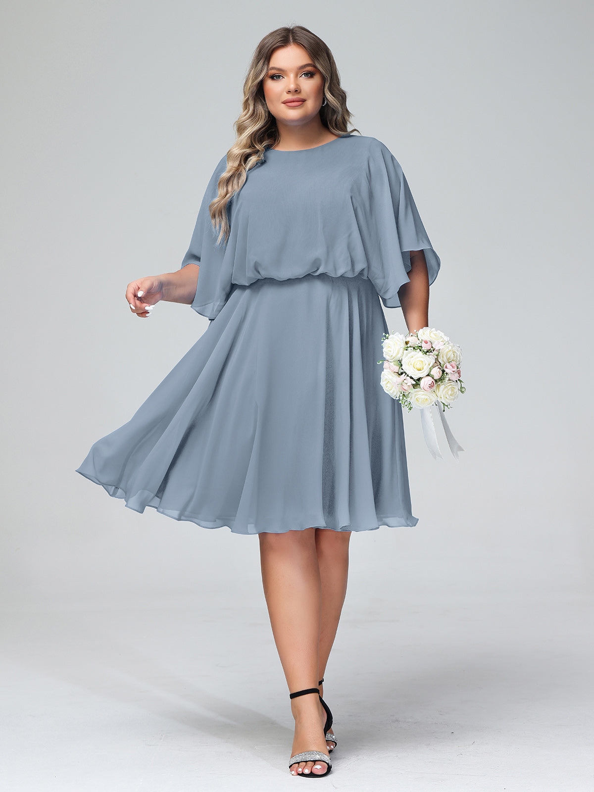 BABARONI Chiffon Dusty Blue Bridesmaid Dresses A-line Scoop Half Sleeve Knee-length BABARONI UK BABARONI Chiffon Dusty Blue Bridesmaid Dresses A-line Scoop Half Sleeve Knee-length BABARONI UK