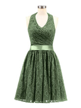 Halter V-neck Short Lace Dresses Olive Green