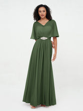 Illusion Neck Long Chiffon Dresses with Beaded Olive Green
