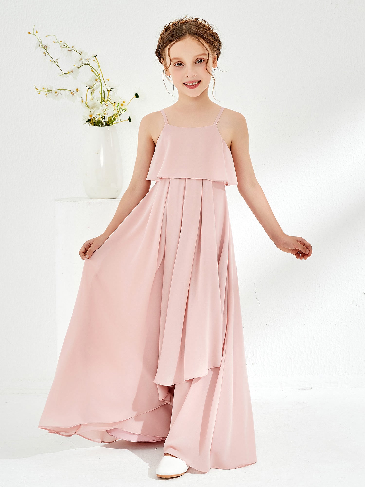 Square Long Junior Bridesmaid Dress With Cascade Skirt Dusty Rose ...