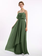 Chiffon Gown with Spaghetti Straps and Cascade Skirt Olive Green